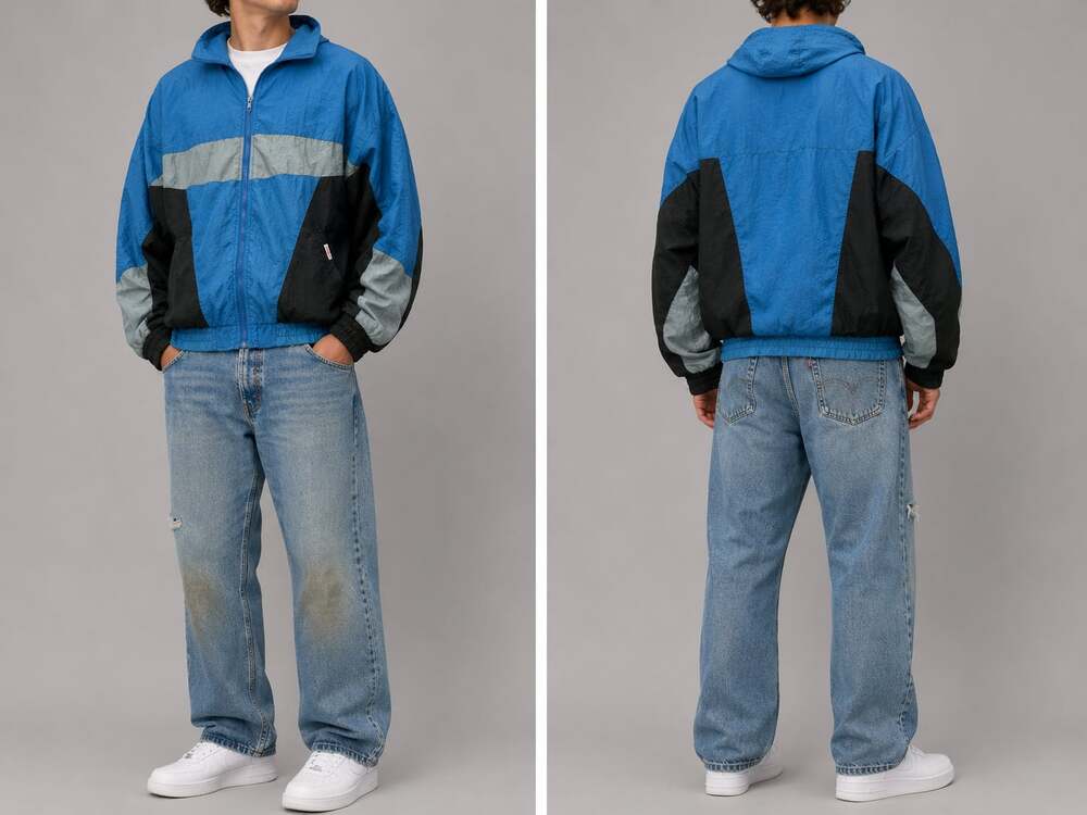 Vintage Campus Nylon Colorblock Full-Zip Windbreaker Jacket